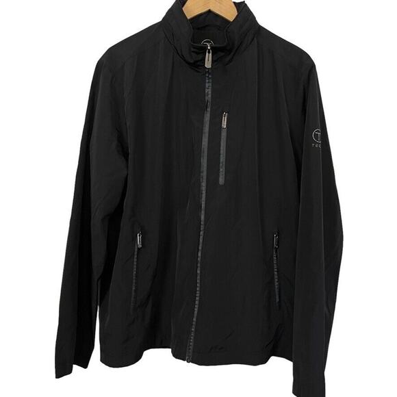 T Tech by Tumi Mens Black Full Zip Hooded Packable Jacket Windbreaker sz L - Picture 1 of 16